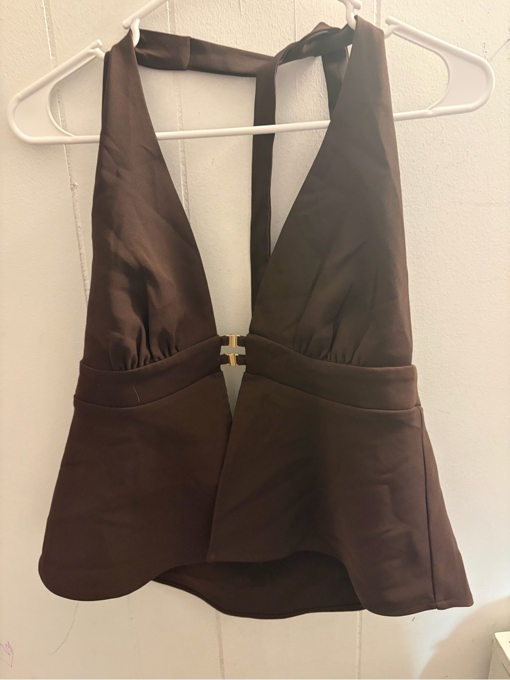 Princess Polly Brown Halter Plunge Peplum Top